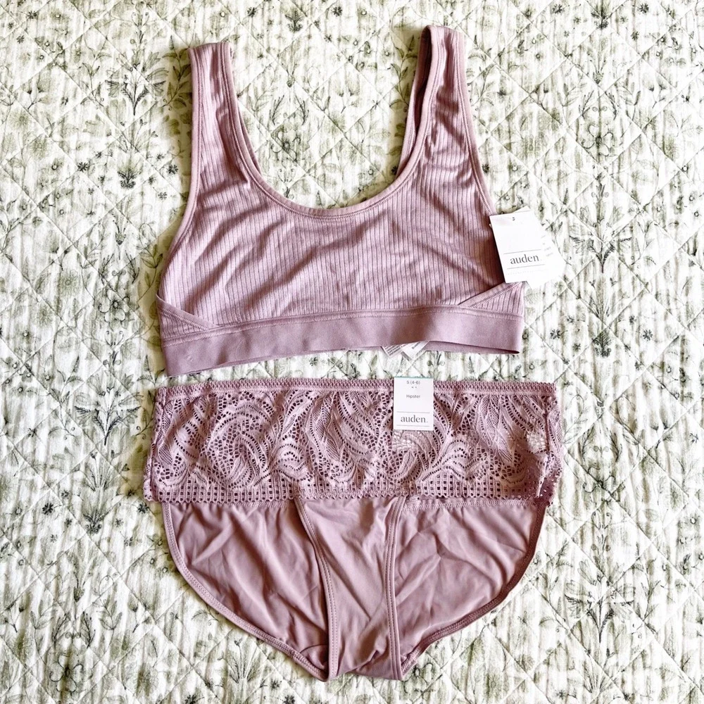 Auden Mauve Ribbed Bralette and Lace Hipster Panty Set NWT Size Small 4-6